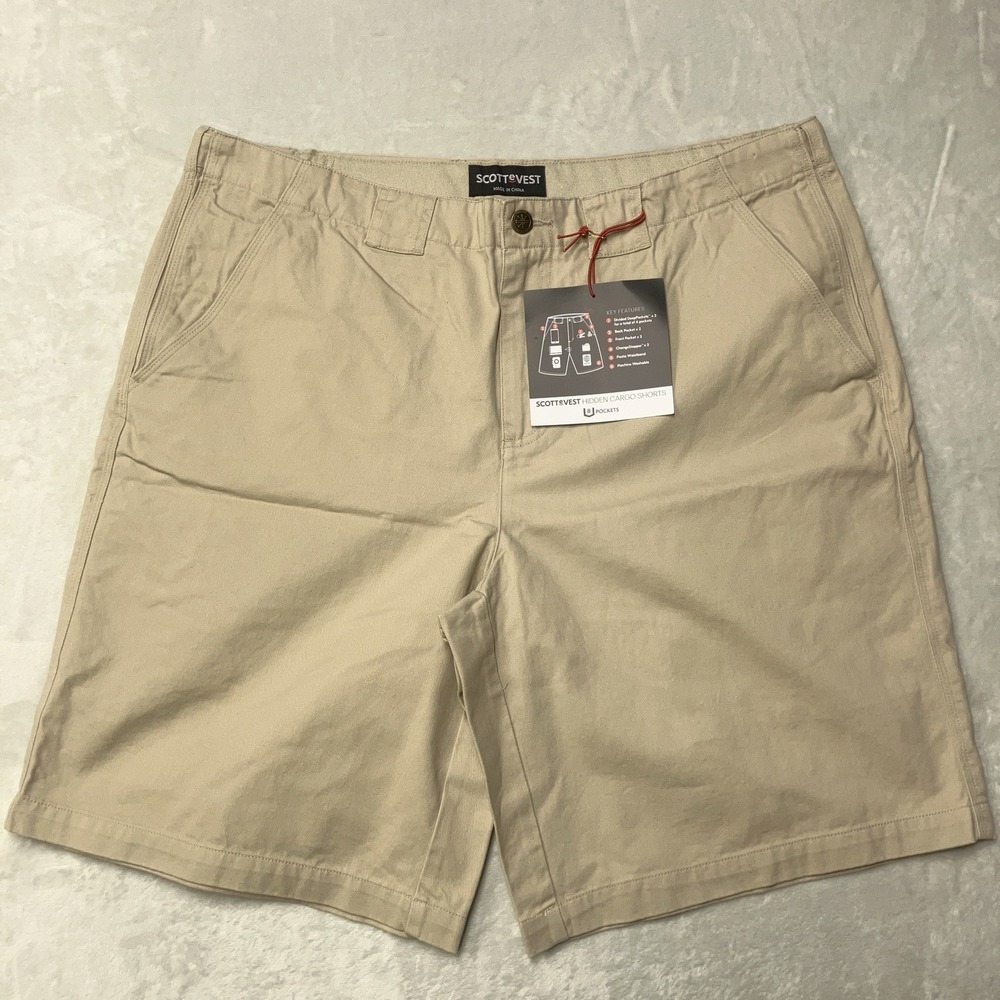 NWT Scottevest Hidden Cargo‎ Shorts Men's 40 Beige Khaki Deep Pockets Travel